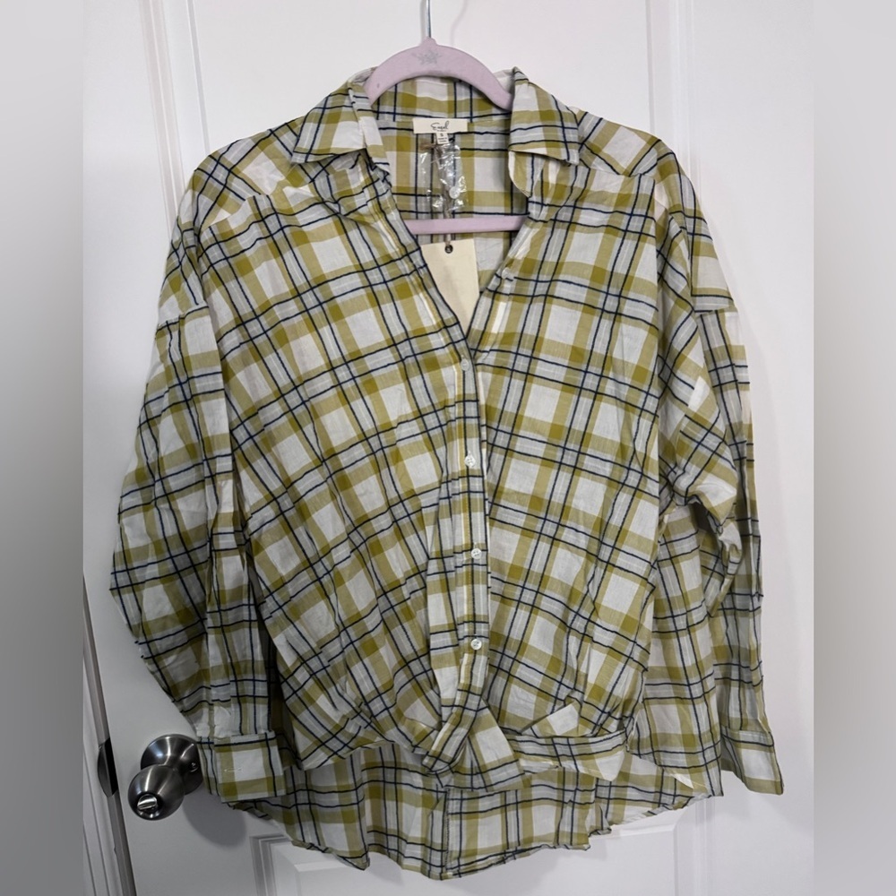 NWT Easel Yellowish-Green and White Plaid Shirt Size Small